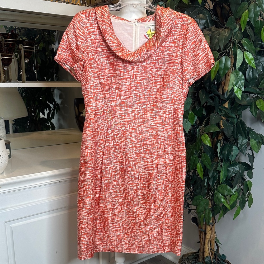 GUC Banana Republic 100% Silk Orange & White Cowl Neck Sheath Midi Dress, 10